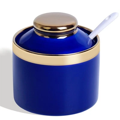 Tigela de açúcar de cerâmica 8 oz com tampa e colher dispensador de frasco de açúcar cor marinha - Imagem 1 de 4