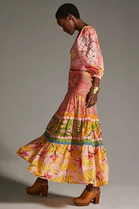 Anthropologie Farm Rio Mixed Pink Prints Maxi Skirt Tiered Crochet M NEW - Picture 1 of 4