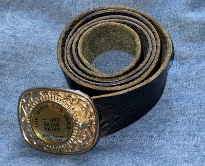 Cinturón Religioso Color Dorado Hebilla Tooled Cuero Negro Talla 46 La Biblia Dios Usa Foto 1 de 4