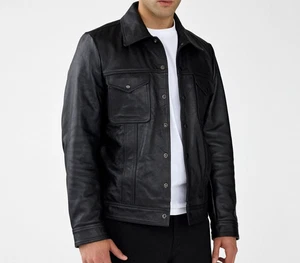 Men's Genuine Leather Trucker Jacket Vintage Classic Denim Style Shirt Jacket - Picture 1 of 9