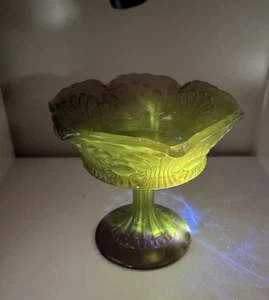 UV Glow Vtg Fenton Tokyo Amethyst Purple Pedestal Candy Dish Scroll and Eye - Picture 1 of 11