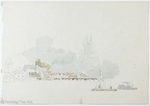 Antique English Watercolor View of Village from River, Riverscape Verso C. 1810 - Afbeelding 1 van 8