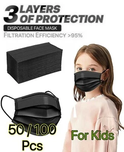 Black Kids Disposable 50-100 Pack Face Masks 3 Ply Dust Mask for Children - Picture 1 of 5