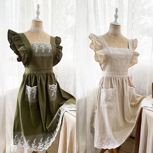 Lace Ruffles Cotton Apron W/ Pockets For Florist Cafe Maid Baking Waitress - Picture 1 of 14