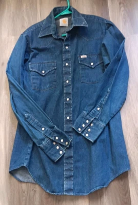 Vintage Carhartt Pearl Snap Denim Western Shirt Dark Wash Blue L See Measurement - Image 1 of 4