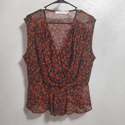 ASTR The Label Womens Top L Red Cheetah Sheer V Neck Lined Sleeveless Surplice - Image 1 of 4