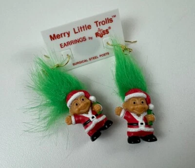Brincos de Natal Russ Troll Papai Noel Cabelo Verde Novo Natal Troll Vintage - Imagem 1 de 4