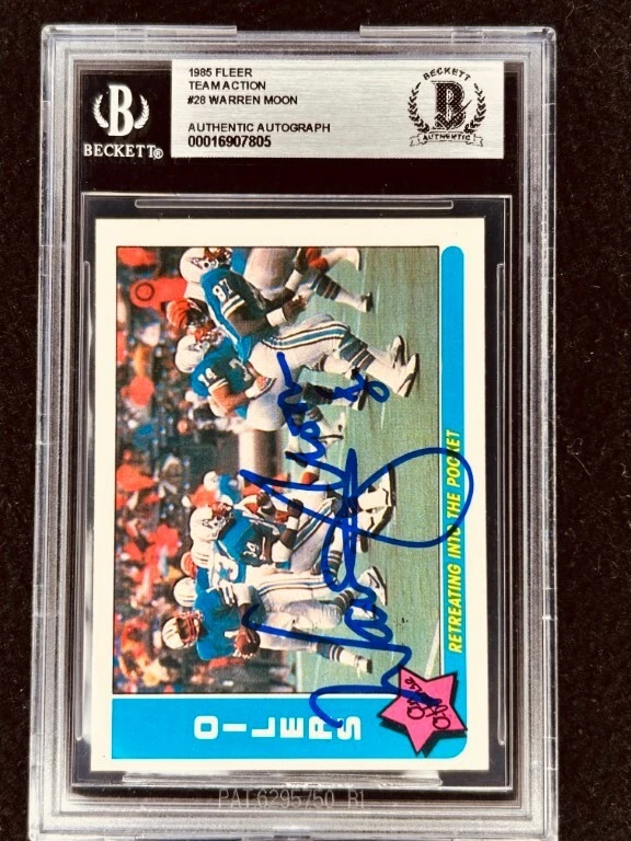 Warren Moon autographed signed auto Houston Oilers 1985 Fleer Rookie Card BAS - Image 1 of 2
