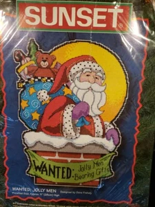 Sunset Counted Cross Stitch Wanted Jolly Men Santa 18354 Christmas NIP Vtg 1998 - Picture 1 of 4