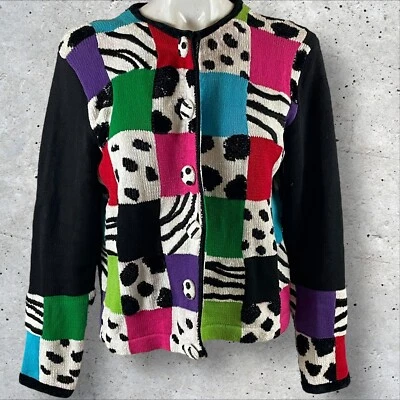 Cárdigan vintage Berek Takako Sakon para mujer mediano abstracto con cuentas ropa artística F181 Foto 1 de 4