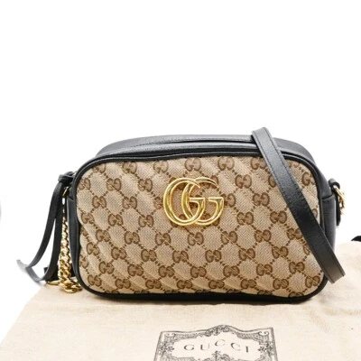 Bolso de Hombro GUCCI Marmont GG Patrón Cadena Cuero Lona BN BK GHW 687FB664 Foto 1 de 4