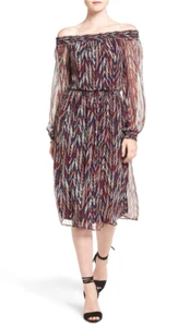 NWT ELLA MOSS Ansel Print Silk Off-the-Shoulder Midi Dress Size Small - Picture 1 of 4