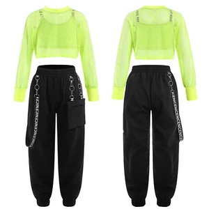 Kids Girls Dance Outfit Metal Chain Pants Hip-hop Dance Clothes 3Pcs Mesh Set - Picture 1 of 32
