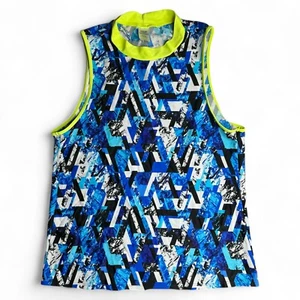 Danskin Boys Swim Top Size Large 12-14 Blue Fire Neon Yellow Trim Sleeveless - Picture 1 of 8