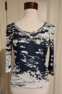 Camiseta Escada Azul Negra Estampado Salpicaduras Cuello Redondo Manga 3/4 Talla S - Imagen 1 de 8
