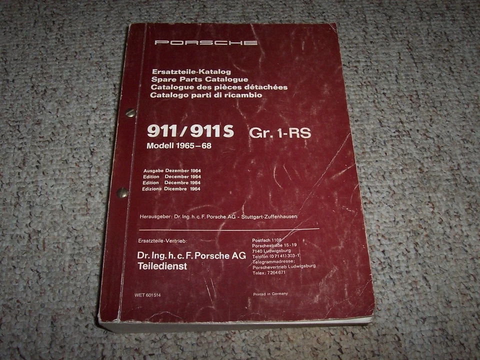 Porsche 911 911T 911L 911S 1965-1968 catálogo de piezas manual Targa cupé 1966 1967 Foto 1 de 1