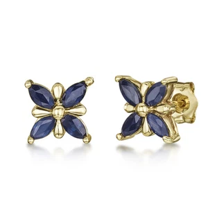 9ct Oro Mariposa Estampado Azul Pendientes de Rosca Zafiro 7mm - Imagen 1 de 3