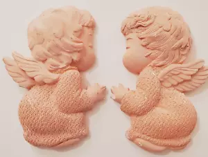 Vintage Chalkware Wall Art 2 Praying Angels Cherubs Pink Matte Boy Girl 6" Flaws - Picture 1 of 11
