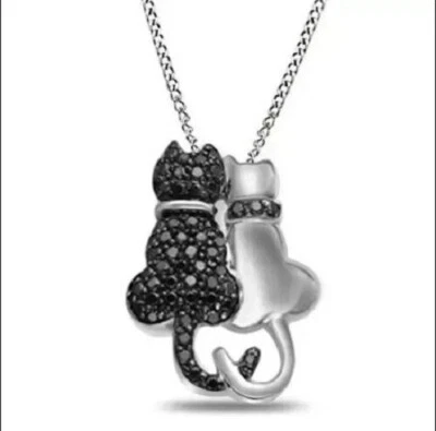 1CT Round Black Lab Created Diamond Cat Pendant 18" Chain 14K White Gold Plated Foto 1 de 2
