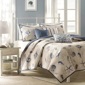 BEAUTIFUL BLUE BEIGE BEACH OCEAN SEASHELL SHORE CORAL NAUTICAL QUILT SET NEW - Picture 1 of 4