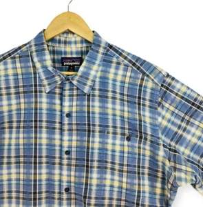 Camicia Uomo Patagonia Taglia XL Blu Giallo Plaid Seersucker Sfogliata Bottoni - Foto 1 di 19