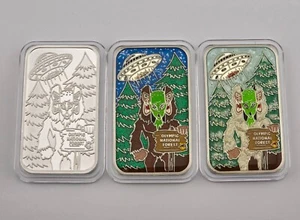 Olympic Forest Alien Bigfoot UFO 3x 1oz Silver Bar Set Enameled #8 Ultra Rare - Picture 1 of 4