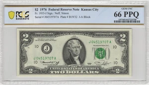 Fr.1935-J 1976 Kansas City $2 Federal Reserve Note PCGS Gem UNC 66 PPQ - Picture 1 of 2