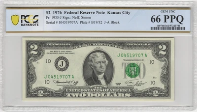 Fr.1935-J 1976 Kansas City $2 Federal Reserve Note PCGS Gem UNC 66 PPQ - Image 1 of 2
