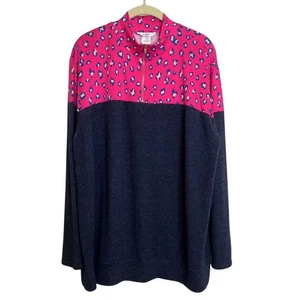 Moa Moa Woman Quarter Zip Pullover 2X Pink Leopard Print Colorblock Navy - Picture 1 of 6