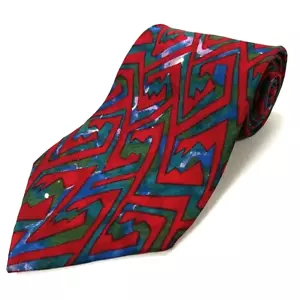 Vtg Prima Italy Luxury Tie Red Blue Green Abstract Pattern Printed Silk Necktie - Picture 1 of 6
