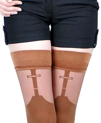 FANTASY blickdichte halterlose Strümpfe in Straps-Look Mikrofaser beige camel  - Bild 1 von 2