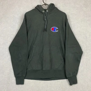 Champion Jumper Mens Medium Black Reverse Weave Hoodie Embroidered Chest Logo - Picture 1 of 8
