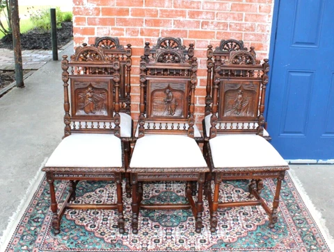 Set of 6 French Antique Oak Upholstered Britany   Dining Room Chairs Cover