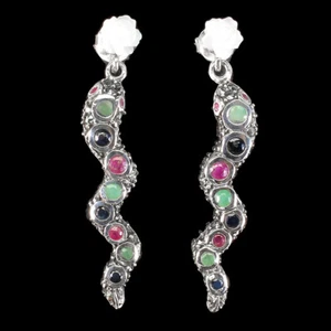 Heated Round Ruby Emerald Sapphire Mop Marcasite 925 Sterling Silver Earrings - Picture 1 of 9