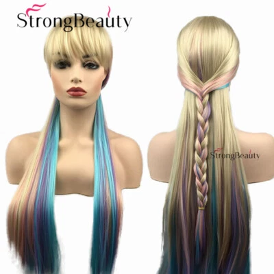 Mujeres Trenzas Largas Cosplay Peluca Rubia Recta Arco Iris Ombre Trenzado Fiesta Pelucas Foto 1 de 4