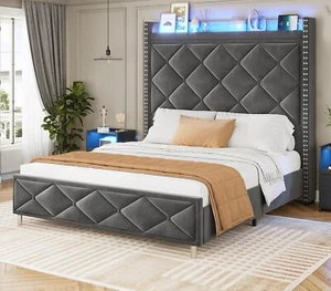 Queen Bed Frame with Tall Storage Headboard,Charging Station,Upholstered Led Bed - Picture 1 of 7