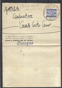 1944 RSI DISTINTA VERSAMENTRO BANCA POPOLARE DI INTRA OMEGNA NOVARA TASSATA 50C - Foto 1 di 2