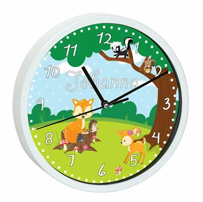 CREADESIGN Kinder Wanduhr Kinderzimmer Kinderuhr mit Namen personalisiert Waldtiere
