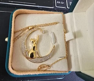 JELMO/Gato en la Luna/Collar de Oro/Mujer/18K Sobre Plata/Colgante Luna/Circón - Imagen 1 de 3