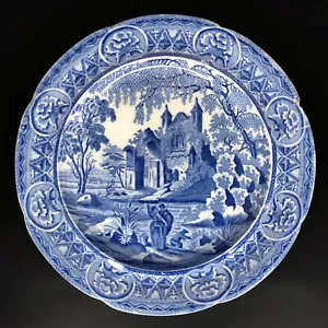 Davenport China Gothic Ruins Plate Antique Pearlware Blue White Fisherman c1810 - Picture 1 of 9
