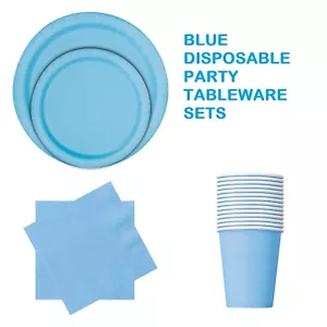 Juegos de vajilla de fiesta desechables - 70 piezas platos de papel azul macizo tazas y servilletas - Imagen 1 de 7