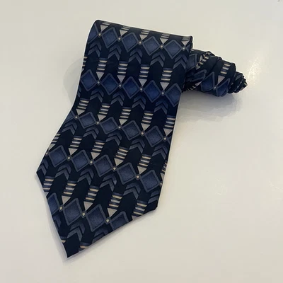 Corbata de seda vintage Oscar de la Renta para hombre 57,5x3,75" estampado geométrico azul marino Foto 1 de 4