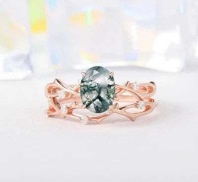 Natural Moss Agate Ring, 925 Sterling Silver, Wedding Ring Set, Promise Ring Set - Image 1 of 4