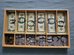 Melissa & Doug Play Money Set Wooden Cash Drawer with Bills and Coins Bank Store - Picture 1 of 4
