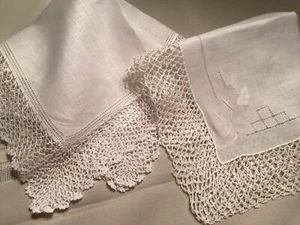 PR 2 WHITE Vintage Linen Sq Handkerchiefs Bridal Fancy Wide Lace Embroidered - Picture 1 of 8