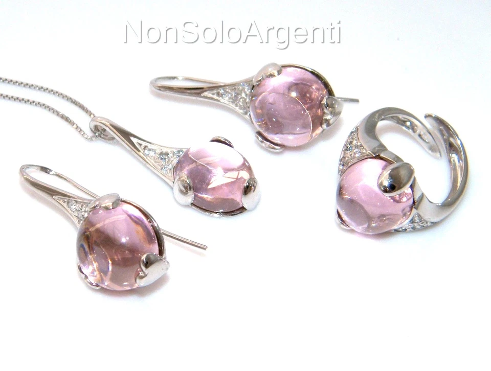 COLLANA ORECCHINI  ANELLO o PARURE ARGENTO 925 CARBOCHON ROSA ACCESO ZIRCONI - Immagine 1 di 1