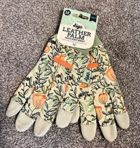 Digz ~ Women's Leather Palm Garden Gloves w/ Knit Wrist ~ Green Floral ~ Size M - Picture 1 of 4