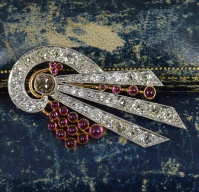 Stunning Art Deco 6ct Old Cut Diamond and Ruby 18ct Gold Platinum Brooch - Image 1 of 4