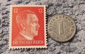 1943 German penny ~ 1 Pfenning ~ km#97 , WW2 Germany ~ + Red 12pf. Stamp - Picture 1 of 15