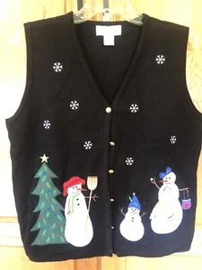 Christmas Vest Croft & Barrow Snowmen Christmas Tree Brass Buttons Size Large - Picture 1 of 8